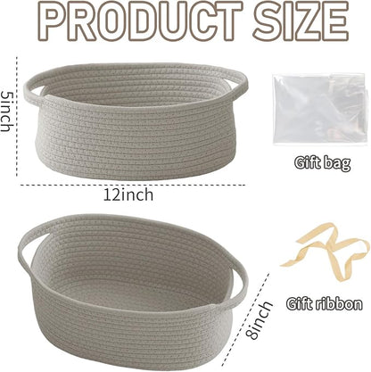 Woven Basket,Small Rope Storage Bin with Handles & Ribbon Bag, Organizer for Shelves Closets,Gift Basket Empty for Birthday,Books,Dog Toys, Grey/2 Pack