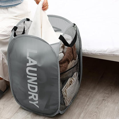 Mesh Laundry Hamper Pop Up Laundry Hamper Collapsible Laundry Basket with Carry Handles, Large Side Pocket for Bedroom, Student Dorm, RV, Cruise, Grey