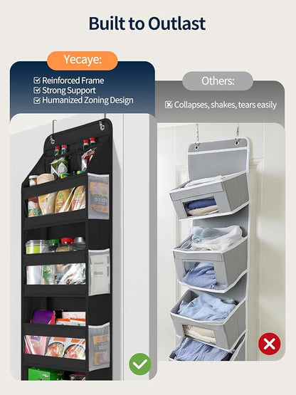 Yecaye 5 Tier 1Pc Over the Door Organizer, Swing-proof Door Organizer Hanging with Clear PVC Windows, Behind the Door Storage for Bedroom Nursery Closet Laundry Pantry Bathroom, Black