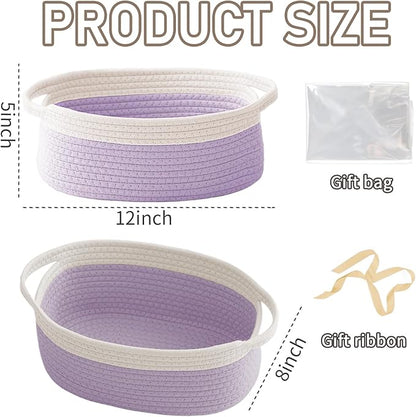 Woven Basket,Small Rope Storage Bin with Handles & Ribbon Bag, Organizer for Shelves Closets,Gift Basket Empty for Birthday,Books,Dog Toys, White&Purple/3 Pack