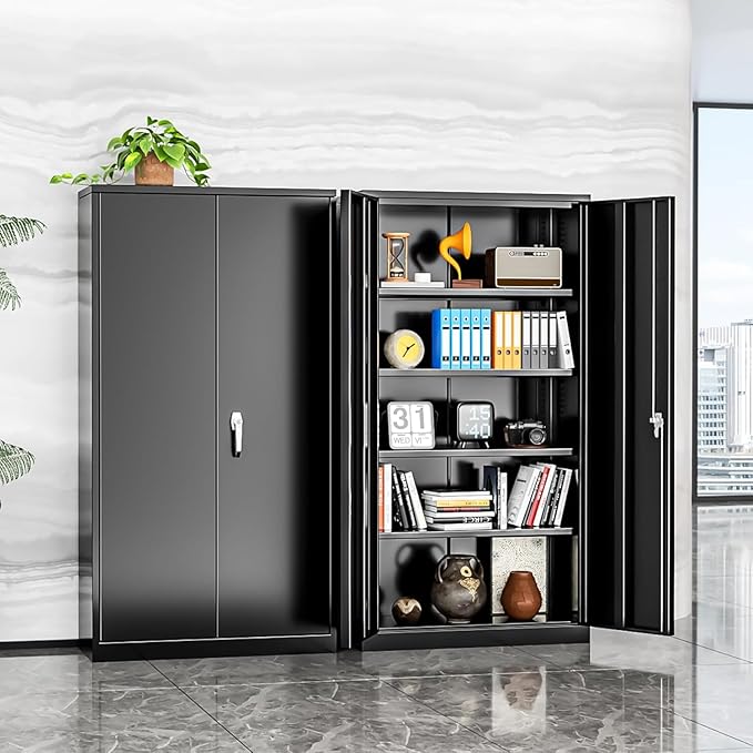 Bonusall 72" Storage Cabinet,Heavy-Duty Steel Cabinet with 2 Locking Doors & 4 Adjustable Shelves for Home, Office, or Workshop Organization(Black)