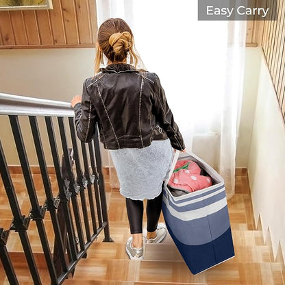 HomeHacks 2 Pack Large Laundry Baskets, Waterproof, Freestanding Laundry Hampers, Collapsible Clothes Hamper with Reinforced Handles in Laundry, College Dorm, Bathroom, Bedroom (Grey+Blue, 75Lx2)