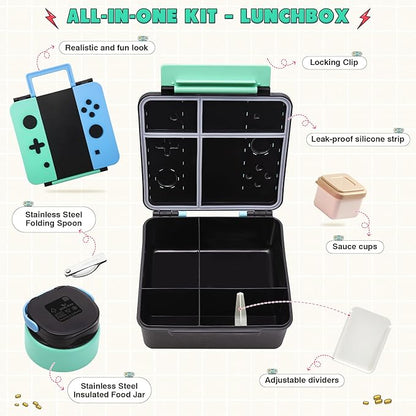 Game Bento Box for Kids, Lunch Box with Thermo(9oz Food Jar), Folding Spoon, Removable Divider & Sauce Cup, Lunch Box Kids for School,Travel, BPA-Free & Realistic Shape(Blue-Green)