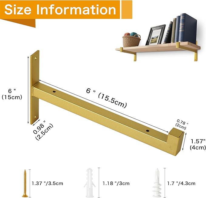6 Pcs Heavy Duty Shelf Brackets 6 Inch Wall Mounted Industrial Metal Shelving Supports with Lip Gold
