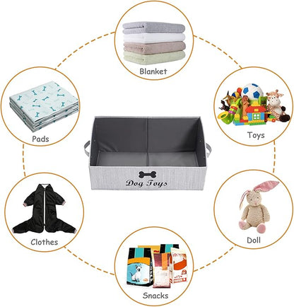Geyecete Foldable Fabric Dog Toy Storage Box - Collapsible Basket with Handle, Organizer for Large Dog Toys (Slub Gray-DOG)