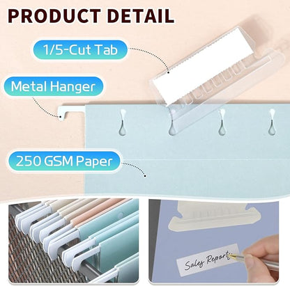 25-Pack Morandi Hanging File Folders,Letter Size with 35 Transparent Label Cards,50 Sticker Labels,1/5-Cut Tabs–Home Office & Filing Cabinets