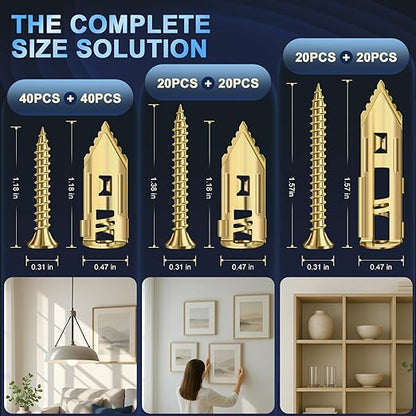 160 Pcs Self Drilling Drywall Anchors with Screws Kit, 3 Sizes Premium Zinc-Plated Manganese Steel Expansion Screws, No Pre-Drilling for Hollow Walls, Holds 100+ lbs for Shelves, TV, Cabinets