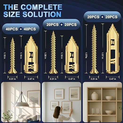 160 Pcs Self Drilling Drywall Anchors with Screws Kit, 3 Sizes Premium Zinc-Plated Manganese Steel Expansion Screws, No Pre-Drilling for Hollow Walls, Holds 100+ lbs for Shelves, TV, Cabinets