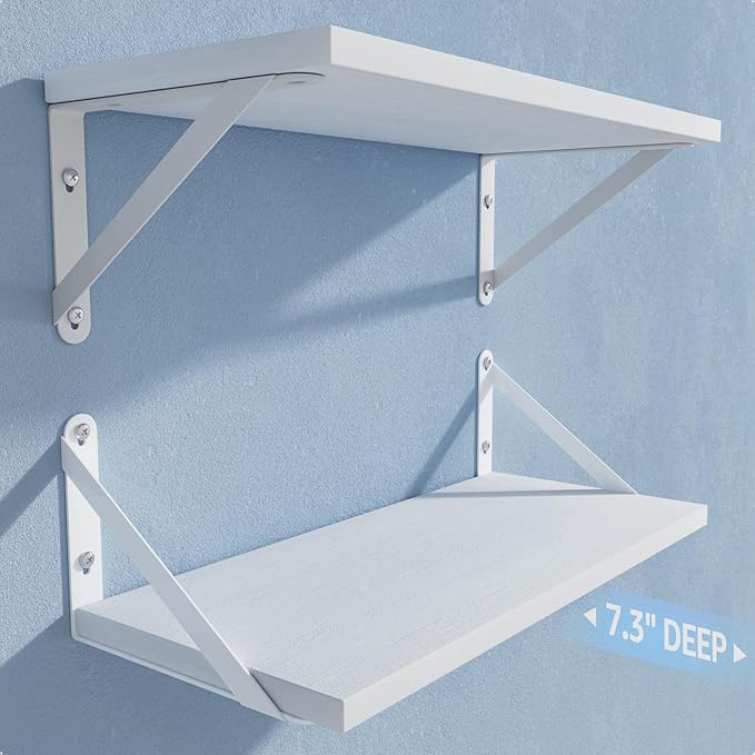Wall Shelves 7.3" Deep Set of 2, Solid Paulownia Wood Wider Longer Sturdy Easy to Install Wall Mounted Bookshelves Storage Shelves Bathroom Storage Office Laundry Room Bedroom Organizer White