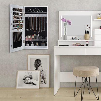 LAVIEVERT Lockable Jewelry Cabinet Armoire with Frameless Mirror, Wall/Door Mounted Space Saving Jewelry Display Organizer with Lipstick Compartments - White