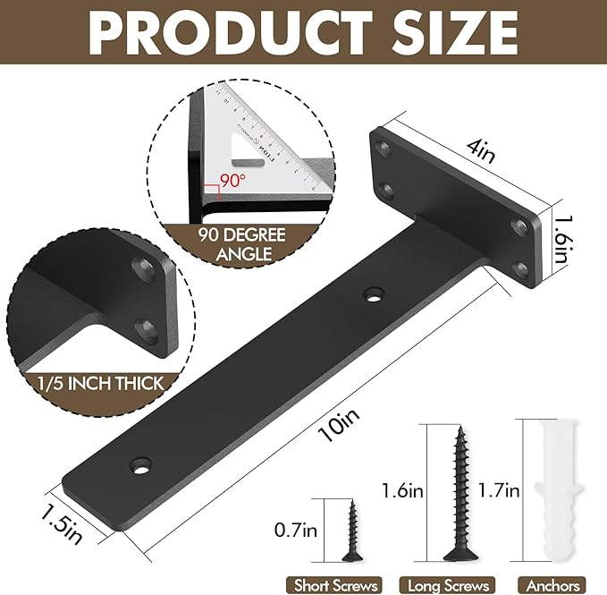 Heavy Duty Shelf Bracket 4 Pack, Floating Shelf Brackets 10 inch Long, Brackets for Shelves, Black Coated Metal Wall Shelf Support Brackets（1/5"-Thick）