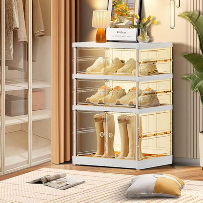 3-Tier Foldable Shoe Rack for Closet Entryway 3-6Pairs,Stackable Clear Shoe Storage Boxes Organizer with Door Plastic Small Shoe Cabinet Bins with Lids Narrow Shoe Shelf Easy Assembly