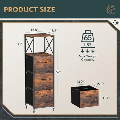 3 Drawers File Cabinet, Vertical Filing Cabinets for Home Office, Non-Woven Fabric Drawer with Adjustable Hanging File Folders, A4/Letter Size, Open Shelf, Mobile Printer Stand, Rustic Brown