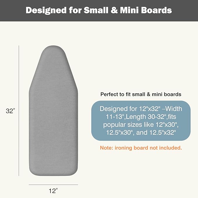 Small Ironing Board Cover and Pad 12"x32" Small Iron Board Cover with Padding,Tabletop Mini Ironing Board Cover and Pad Small Size, Cotton Canvas, Heat Resistant, Drawstring Gray