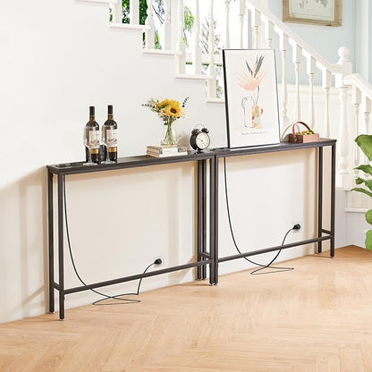 IBUYKE 2 Pack Console Table Narrow Long Sofa Table with Power Outlets USB Ports,Industrial Wooden Entry Table with Charge Station with Extension Cord,for Entryway Living Room Hallway Black TMJ061B-2