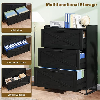 File Cabinet 3 Drawers Lateral File Cabinet with Charging Station for Letter/Legal/A4 Size Hanging Files, Large Wood File Storage Cabinets Printer Stand for Home Office, Black