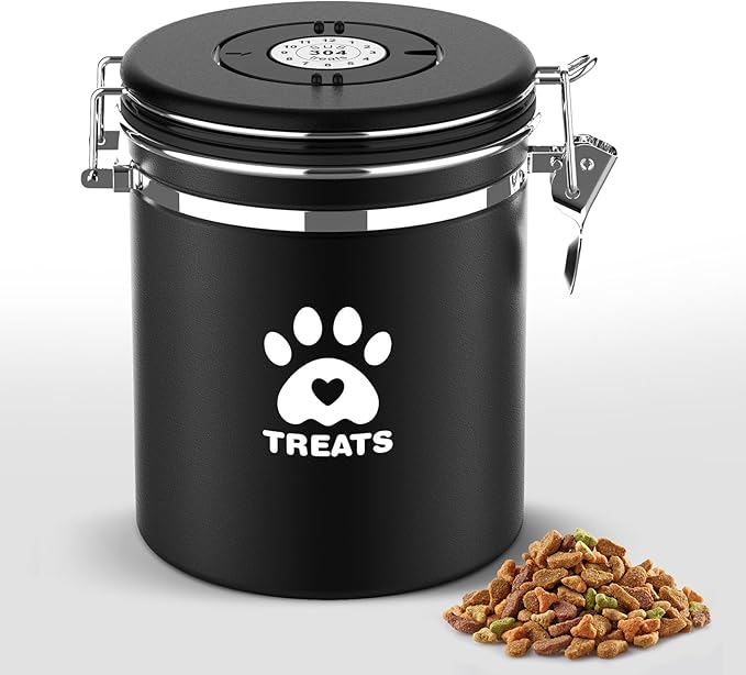 Dog Treat Container Airtight,5.9"x4.7" Stainless Steel Cat Treat Jar for Kitchen Counter with Scoop, Pet Storage for Fresh Dog Cookie