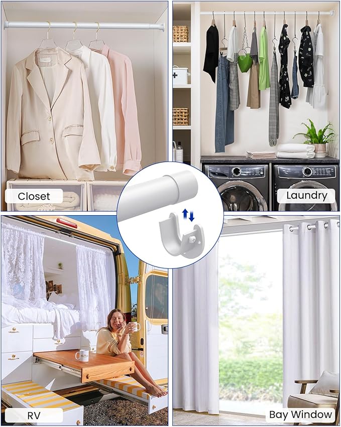 Closet Rods for Hanging Clothes, 17 to 28 Inches Stepless Adjustable Metal Closet Rod, 1.3 Inches Heavy Duty Clothes Hanging Rod for Closet Wardrobes Laundry RV, White