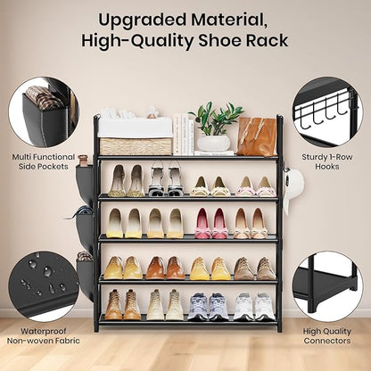 5 Tier Shoe Rack with Hook and Side Pocket,Shoe Organizer Space Saver Storage for 20-25 Pair Shoe Storage Shelf Sturdy Free Standing Long Shoe Rack Organizer for Closet,Entryway,Small Spaces