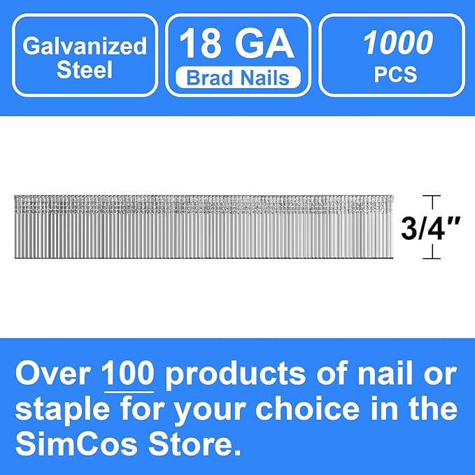 18 Gauge Brad Nails 4 Sizes (2",1-1/2",1-1/4",3/4") Galvanized 18 GA Nail Gun Nails Assorted and Small Finishing Nails for Pneumatic, Electric Brad Nailer (3/4" - 1000 PCS)