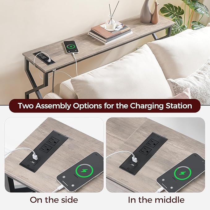Console Sofa Table, 44.9" Entryway Table with Charging Station, Narrow Couch Table, Hallway Table, Sofa Table with USB Ports, Metal Frame, for Entrance, Living Room, Greige CTHG113E01