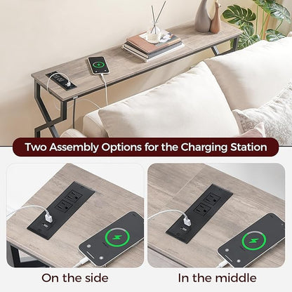 Console Sofa Table, 44.9" Entryway Table with Charging Station, Narrow Couch Table, Hallway Table, Sofa Table with USB Ports, Metal Frame, for Entrance, Living Room, Greige CTHG113E01
