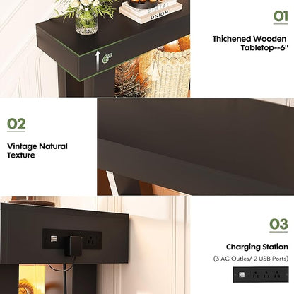 Unikito 47" Entryway Table with Socket and Sensor Light, Narrow Console Table with Storage Behind Couch, Farmhouse Entry Way Tables with Open Storage for Entrance/Hallway/Living Room, Black