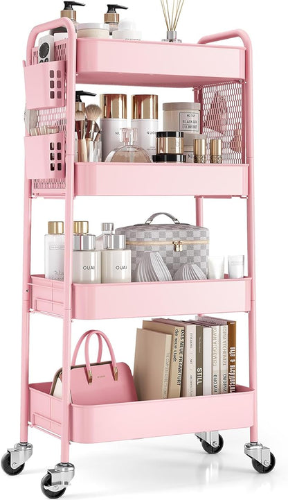 TOOLF 4 Tier Rolling Cart with Pegboard, Metal Storage Organizer Cart with Wheels, Hooks & Bins Esthetician Craft Art Sturdy Storage for Bathroom, Kitchen, Office, Nursery Diaper