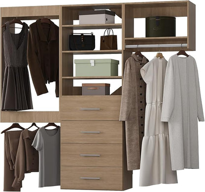 ROOMTEC Modular Closet System, 90" Wall Mounted Closet Organizer with Hanging Rods and Drawers, Modern Wooden Tower for Walk-In Closets, Wardrobe Storage Kit, Wood