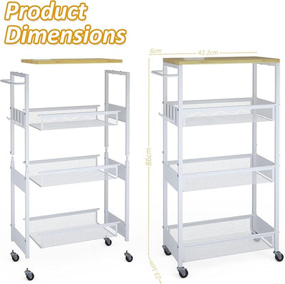 Slim Rolling Utility Cart, 4 Tier Metal Narrow Storage Cart with Handle and Wood Top, Multifunctional Small Mobile Shelf Unit Organizer Trolley for Laundry, Bathroom, Kitchen