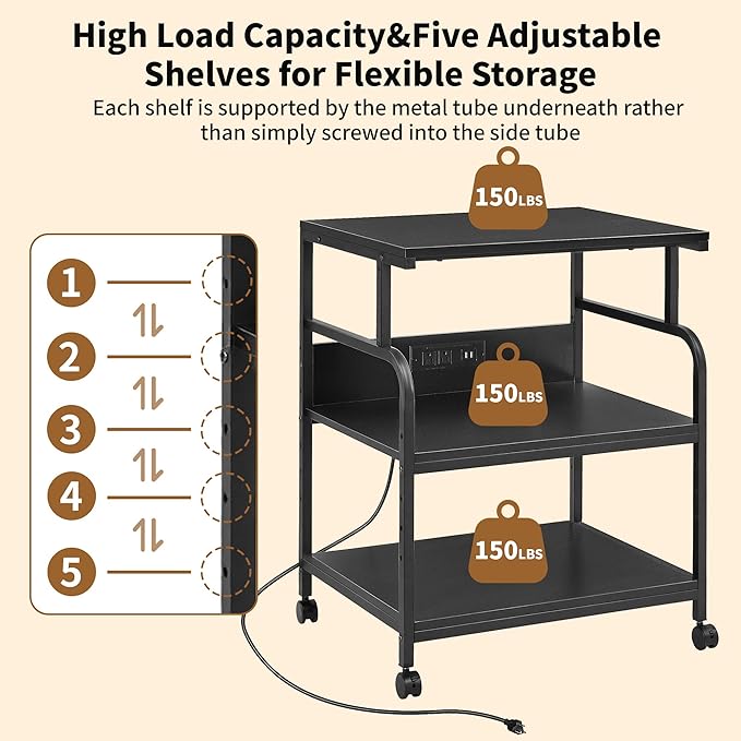 VECELO Large Printer Stand with Power Outlet, 3-Tier Rolling Cart with Adjustable Shelf & Lockable Wheels, Heavy Duty Utility Table for Home Office, 18.9"x23.6"x30.2", Black