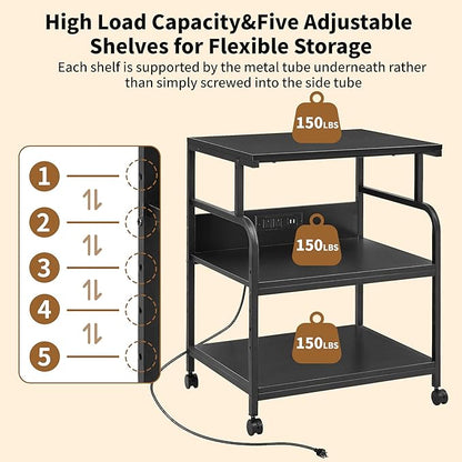 VECELO Large Printer Stand with Power Outlet, 3-Tier Rolling Cart with Adjustable Shelf & Lockable Wheels, Heavy Duty Utility Table for Home Office, 18.9"x23.6"x30.2", Black