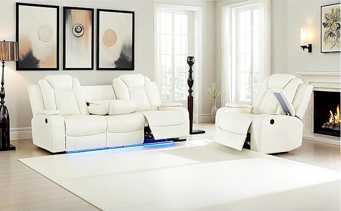 Leather Power Recliner Sofa Chair Sets with LED and Arm Storage,Creamy White Leather Living Room Reclining Sofa, Power Recliner Living Room Furniture Sets with Reading Lights/LED/Cup Holders