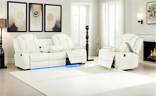 Leather Power Recliner Sofa Chair Sets with LED and Arm Storage,Creamy White Leather Living Room Reclining Sofa, Power Recliner Living Room Furniture Sets with Reading Lights/LED/Cup Holders