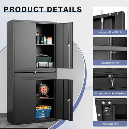 Metal Storage Cabinet with Drawer, Garage Storage Cabinet with Locking Doors and Adjustable Shelves for Garage, Home Office,Warehouse (Black)