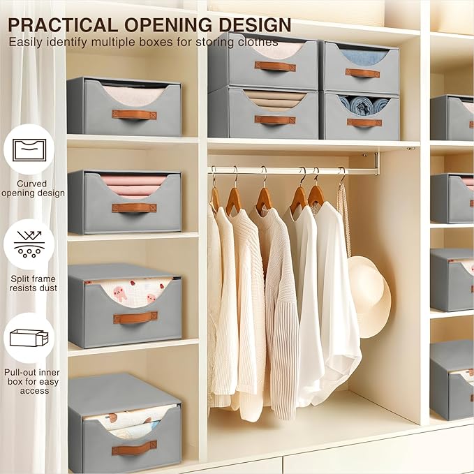Stackable Storage Drawers - Collapsible Storage Bins with Drawers, 6 Pack Closet Shelf Organizer Basket, Fabric Pull Out Organizer for Bedroom, Living Room, Dorm, Grey