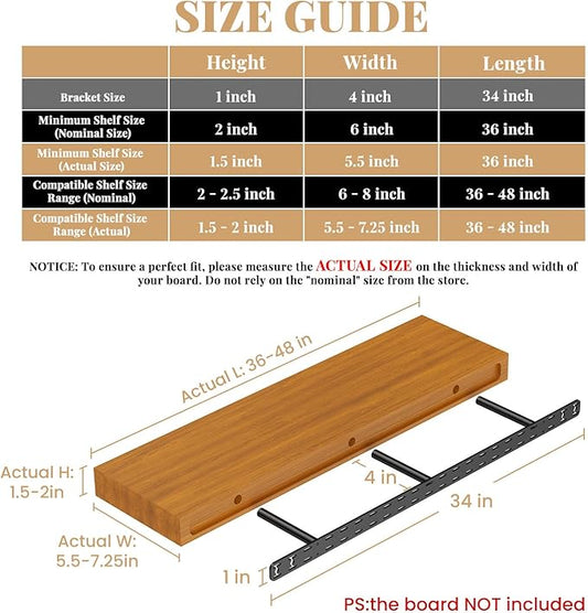 2pcs Floating Shelf Bracket Heavy Duty,Decorative Floating Shelf Hardware Hidden Black Metal Fireplace Mantel Brackets (34"X4"X1.0" with Tools)