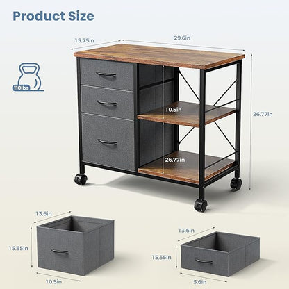 DUMOS 3-Tier Mobile File Cabinet, Printer Stand with Storage, Office Table with Drawers and Back Support Bar, Holds 110lb for Home Office, Rustic Brown