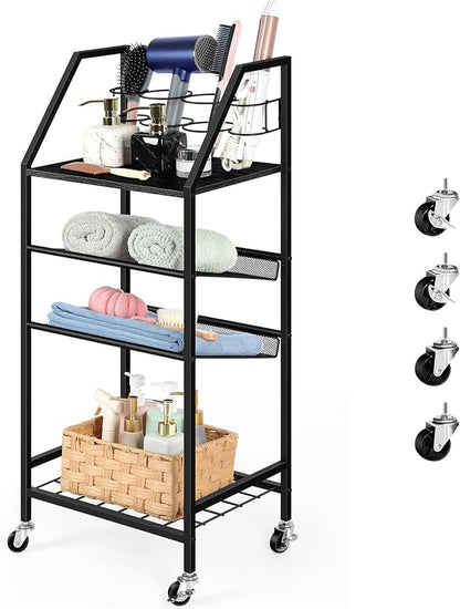 OYEAL 4 Tier Metal Bathroom Cart on Wheels Black Freestanding Bathroom Shelf Organizer with storage shelves Hair Dryer Holder Movable Towel Storage Cart for Liviing Room, Laundry Room, Kitchen