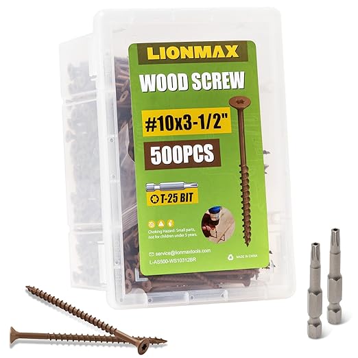 LIONMAX Wood Screws 3-1/2 Inch, Deck Screws #10 x 3-1/2", 500 PCS, Rust Resistant, Epoxy Coated, Exterior Wood Screw, Outdoor Decking Screws, Torx/Star Drive Head, T25 Star Bit Included, Brown