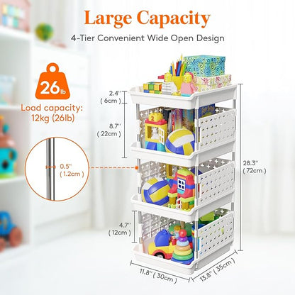 Lifewit Plastic Stackable Storage Baskets, 4 Tier Stacking Bins for Food and Clothes, Multifunctional Organizer for RV, Kitchen, Playroom, Pantry, White, 35 x 30 x 72 cm/14 x 12 x 28 inch, 2 Pack