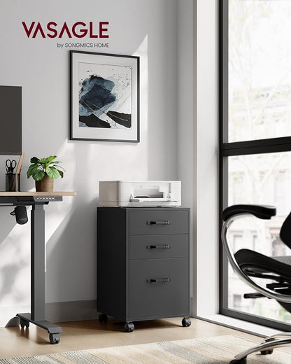 VASAGLE File Cabinet, 3 Drawers Filing Cabinet for Home Office, with Wheels, for A4, Letter Sized Documents, Hanging File Folders, Ink Black UOFC065B16
