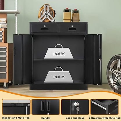 Metal Storage Cabinet, 36" H Locking Storage Cabinet with 2 Drawers and Adjustable Shelf, Metal Cabinets for Office, Garage, Home-Black