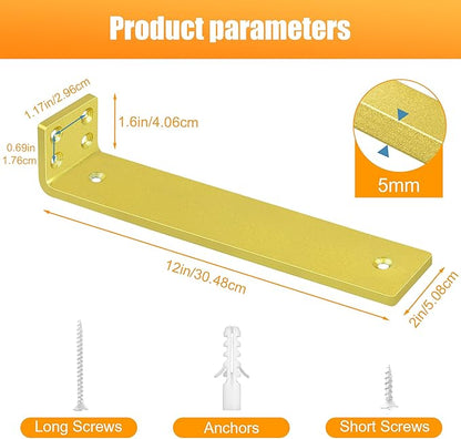 Gold Floating Shelf Brackets 12 inch, Heavy Duty Wall Shelf Bracket 6 Pack for Shelves Support, Hidden Metal L Brackets with Mounting Hardware (1/5'' Thick)