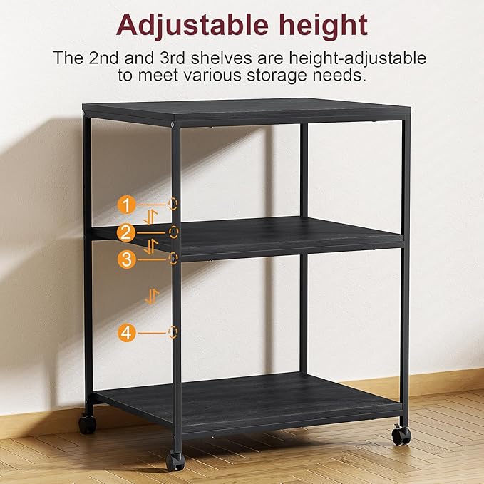 Large Printer Stand with Wheels, 3 Tier Printer Table for Home Office, Rolling Printer Cart with Adjustable Storage Shelf for Shredder Scanner Fax (Black)