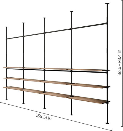 pamo Industrial Pipe Clothing Rack with Shelf - 660 lbs Capacity - Clamping Clothes Rack and Walk In Closet with Wooden Shelf for Wardrobe