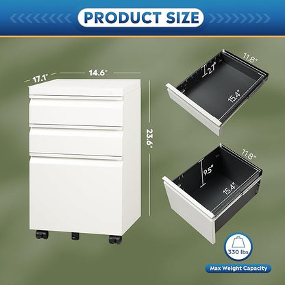 DEVAISE 3 Drawer Mobile File Cabinet with Lock, Under Desk Metal Filing Cabinet for Home Office/Legal/Letter/A4 File, Fully Assembled Except Wheels, White