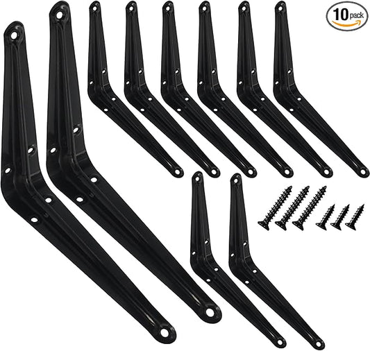 Lilaly 10 Pack Shelf Brackets 6 Inch Shelf Bracket, Heavy Duty L Brackets for Shelves for Hanging Floating Shelves Brack with Screws and Wall Anchors(5"x6",Black)