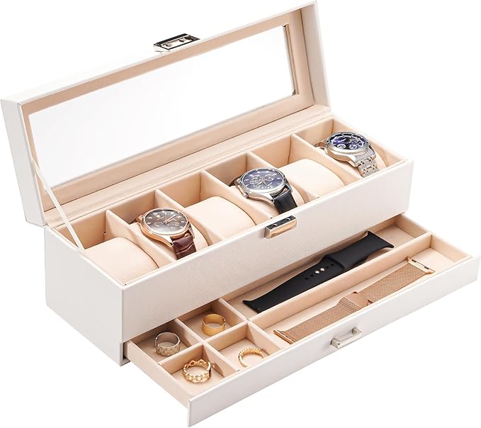 ProCase Watch Box, 6 Slot Watches Display Case with Drawer, Mens Watch Case with Glass Lid, 2-Layer Mens Jewelry Organizer Storage Holder, Birthday Valentine Gifts for Men -6 Slot, White