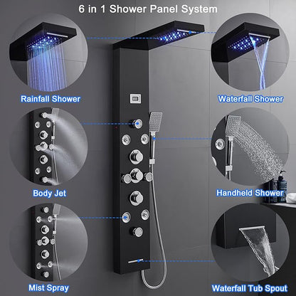 POPFLY 6 In 1 LED Shower Panel Tower System, 8 Body Massage Jets, 304 Stainless Steel Wall Mount Rainfall ＆ Waterfall Shower Column Towers with Temperature Display, Tub Spout, Black